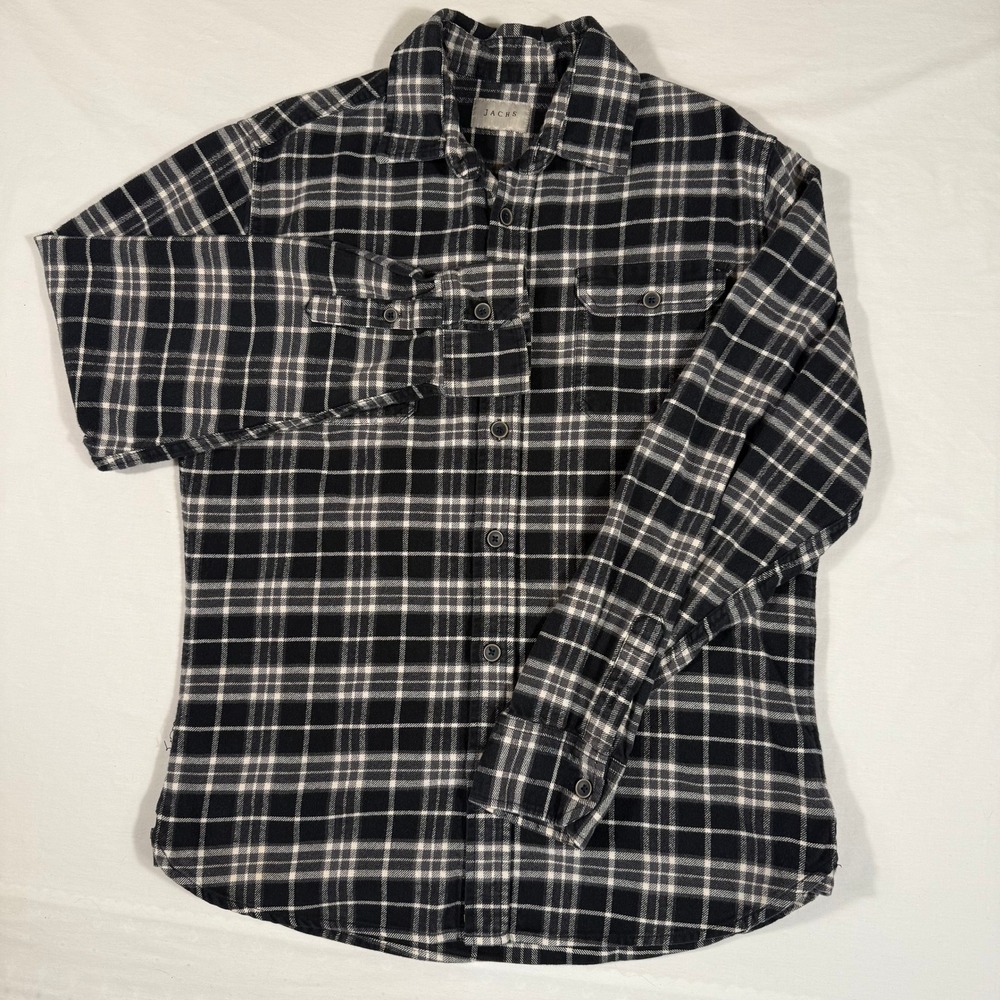 Jachs NY Mens Black White Plaid Thick Cotton Flannel Shirt Long Sleeve Button Up - Picture 2 of 16